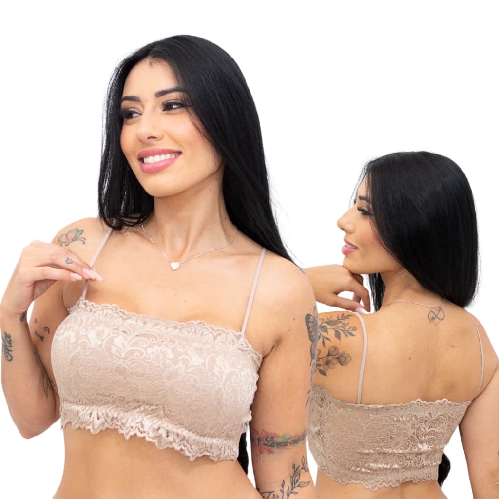 Cropped Sem Bojo em Renda Com Forro Alça Fina Confortável Topper Tomara que Caia