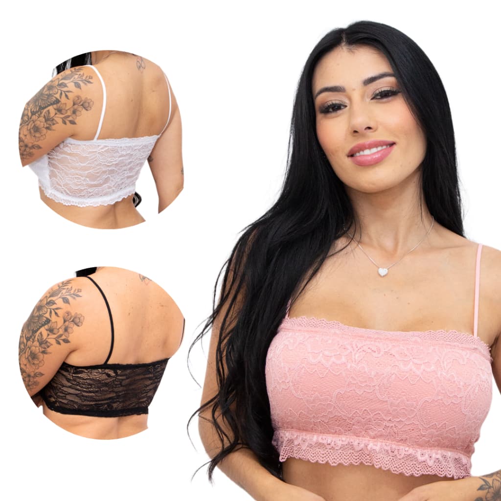 Kit com 3 Top Faixa Sem Bojo Estilo Tomara que Caia Cropeed Rendado com Alças Finas