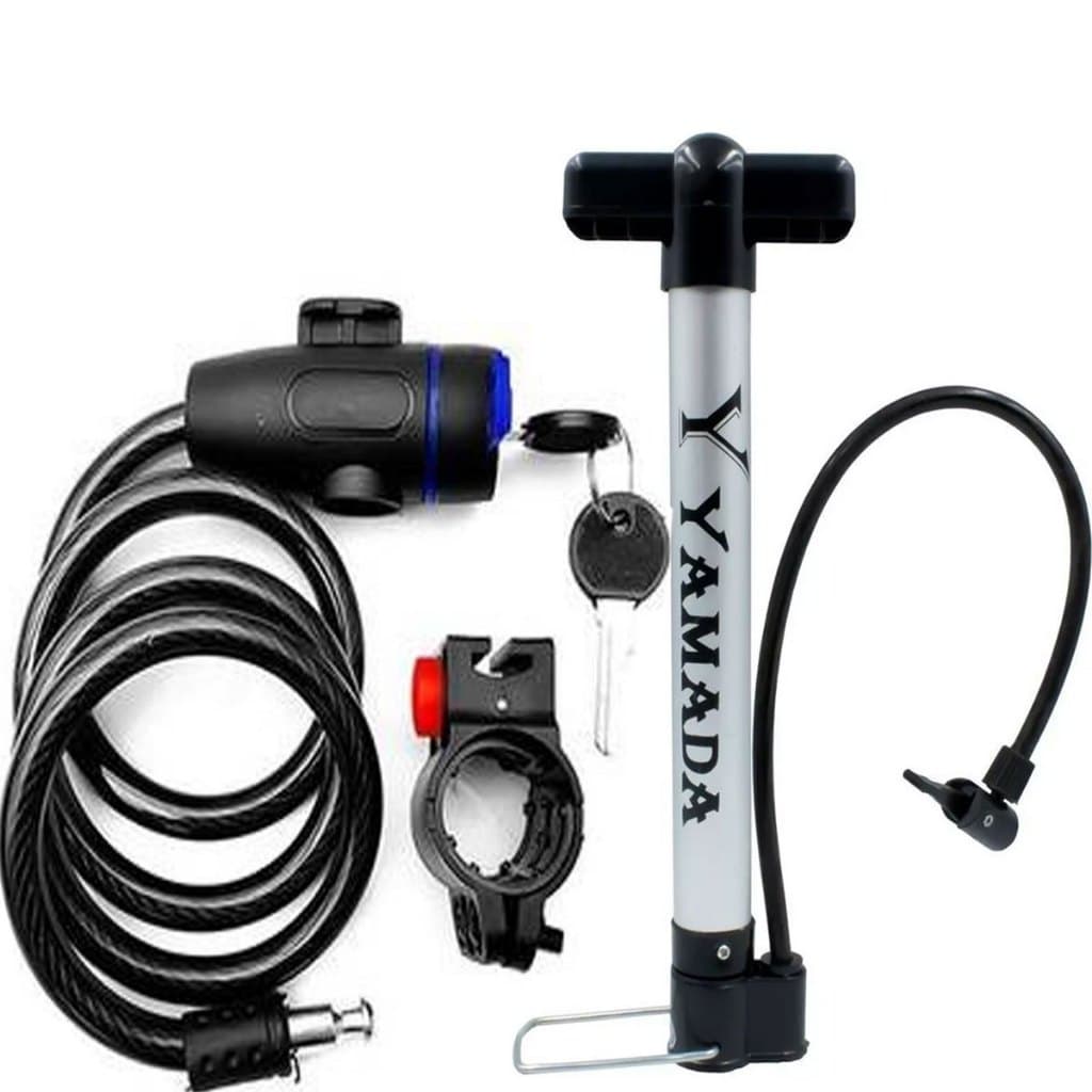 kit Bomba De Ar Para Bicicleta Para Pneu 30cm Yamada+ Trava De Aço Cadeado Para Bike Moto