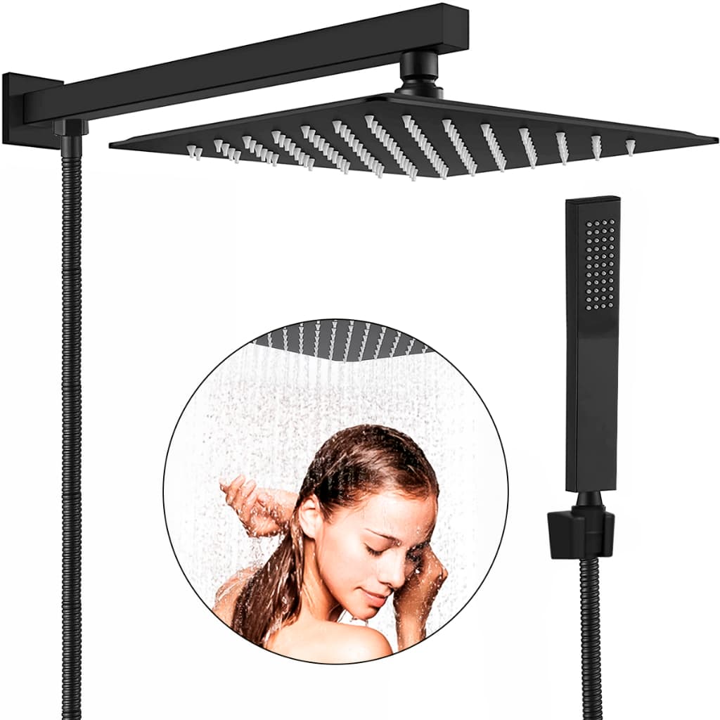 Chuveiro 30x30cm Com Mangueirinha Desviador Ducha Suporte Preto Prata