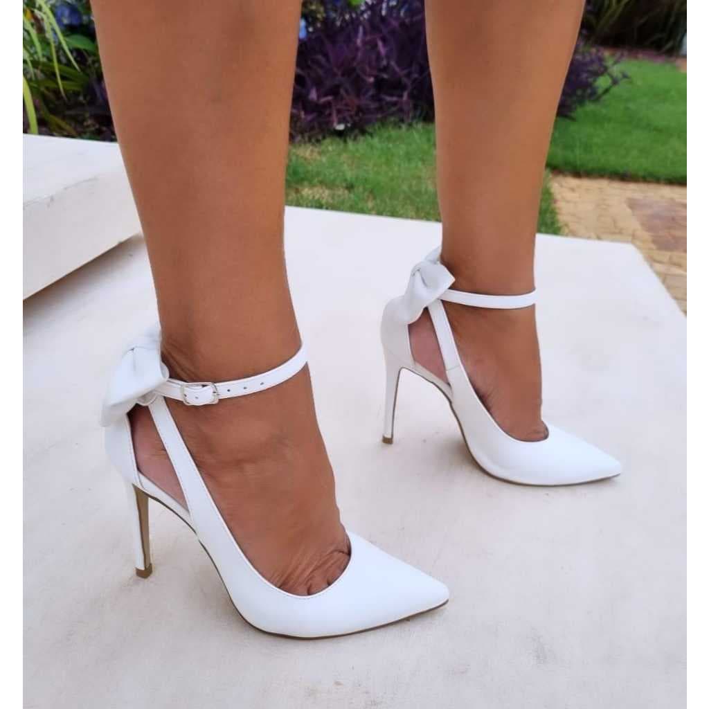 Scarpin sapato laço branco 11cm