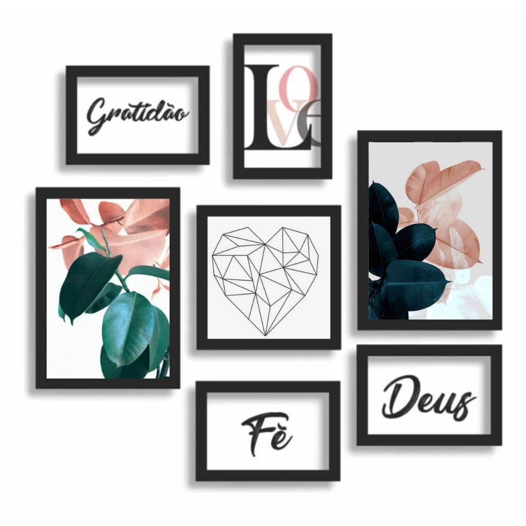 Kit 7 Placas Quadros Decorativos para sua Casa abstrato Geometrico Flamingo Coração Rosa folhas rose 60x70