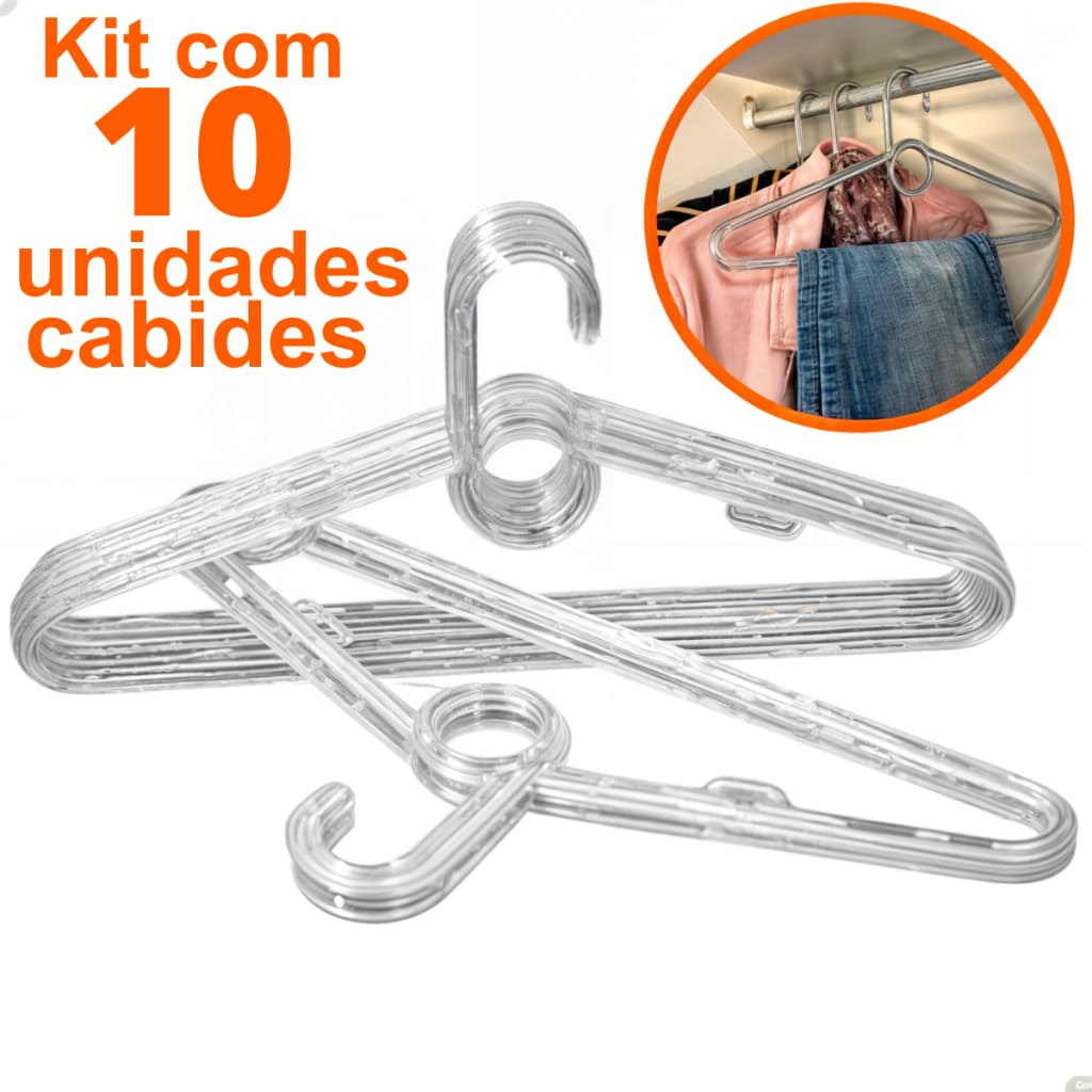 Cabide de Acrilico Adulto Transparente Kit 10 Unidades Reforçado