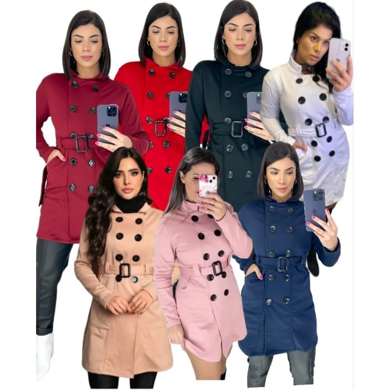 CASACO SOBRETUDO LONGO FEMININO COM CINTO E BOTÕES MOLETOM POLIÉSTER FLANELADO POR DENTRO MODA INVERNO Do M ao GG