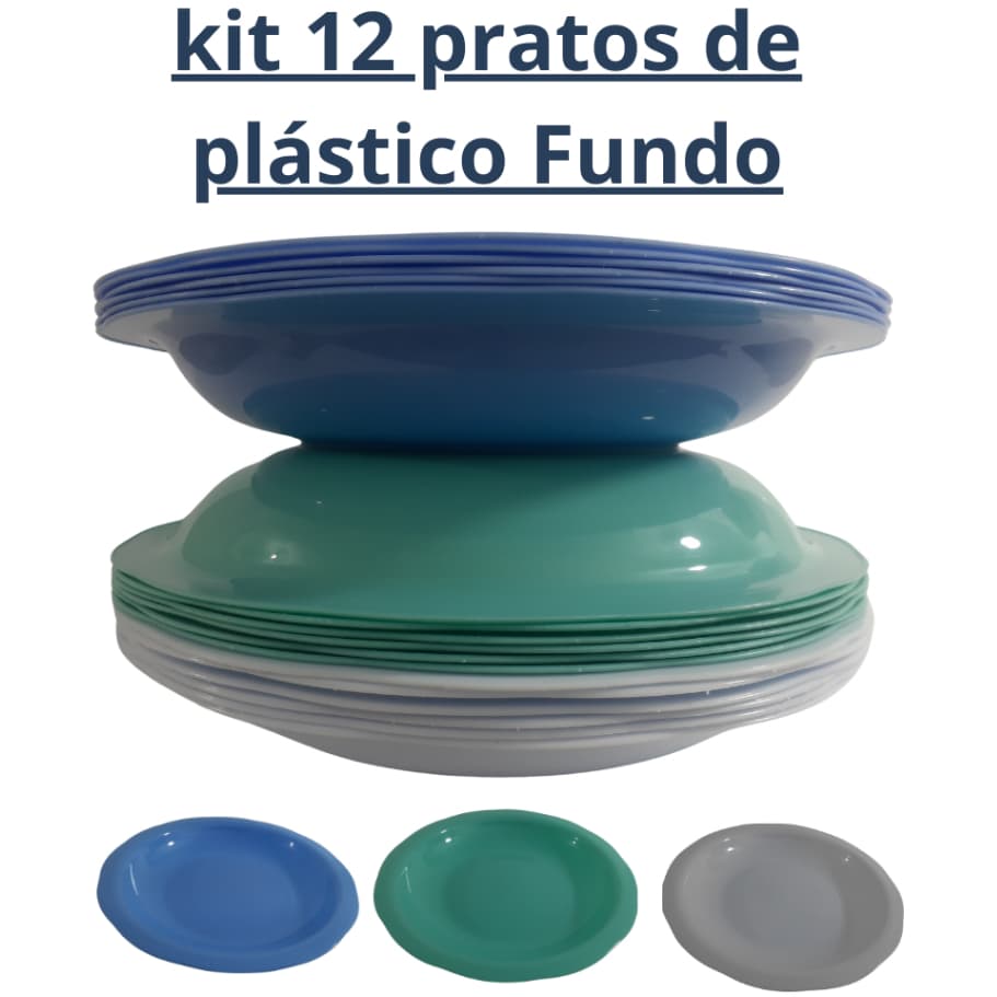 Kit com 12 Pratos de Plástico Redondos – 22,8 cm, Fundo Resistente, Cores Variadas