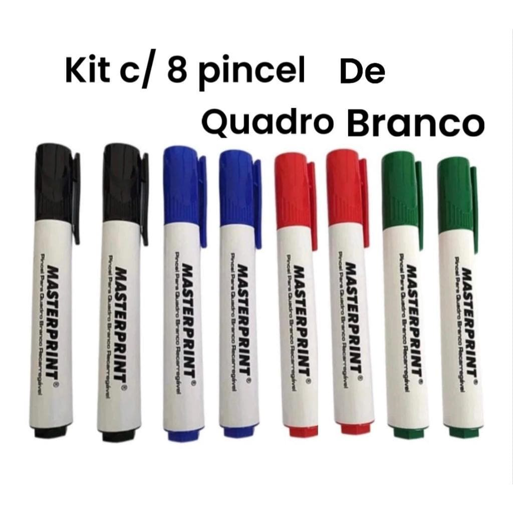 Kit 8 Pincel Quadro Branco Cores 2 Azul 2 Preto  2 Vermelho 2 Verde Pinceis Recarregável Masteprint