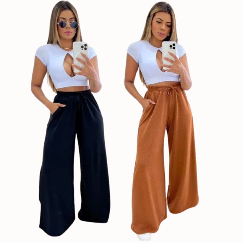 CALÇA PANTALONA FEMINIA LANZINHA COM BOLSO E ELÁSTICO NA CINTURA, WID LEGG, FLARE -MOLETINHO