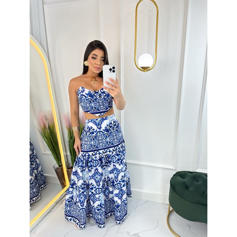 Conjunto Estampa Grécia – Top Tomara que Caia + Saia Longa 2 em 1 – Moda Verão Praia