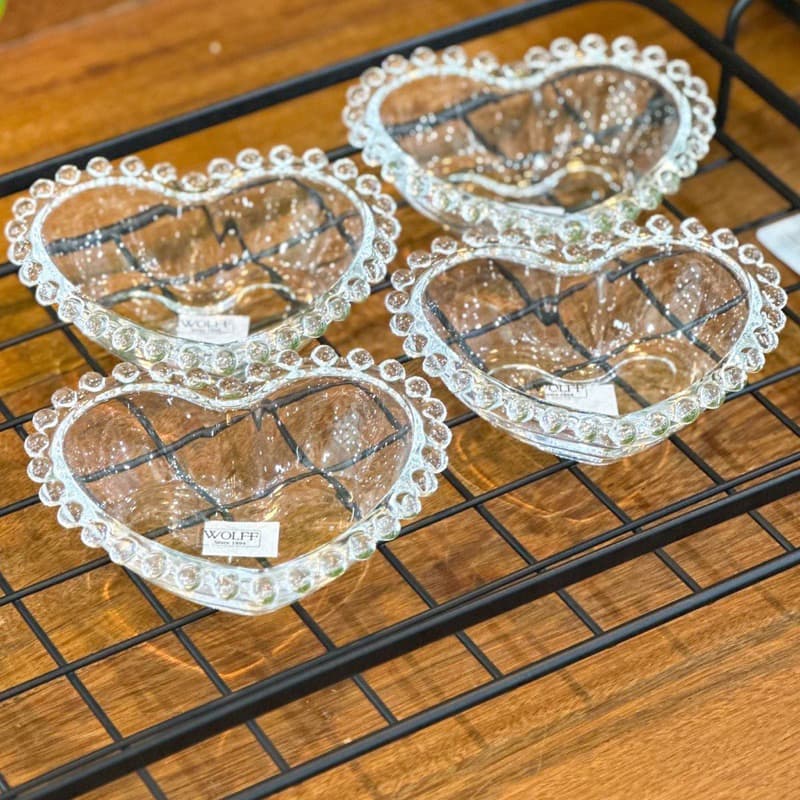 Conjunto 4 Bowls de Coração ou Redondo em Cristal Transparente Pearl Bolinhas Wolff
