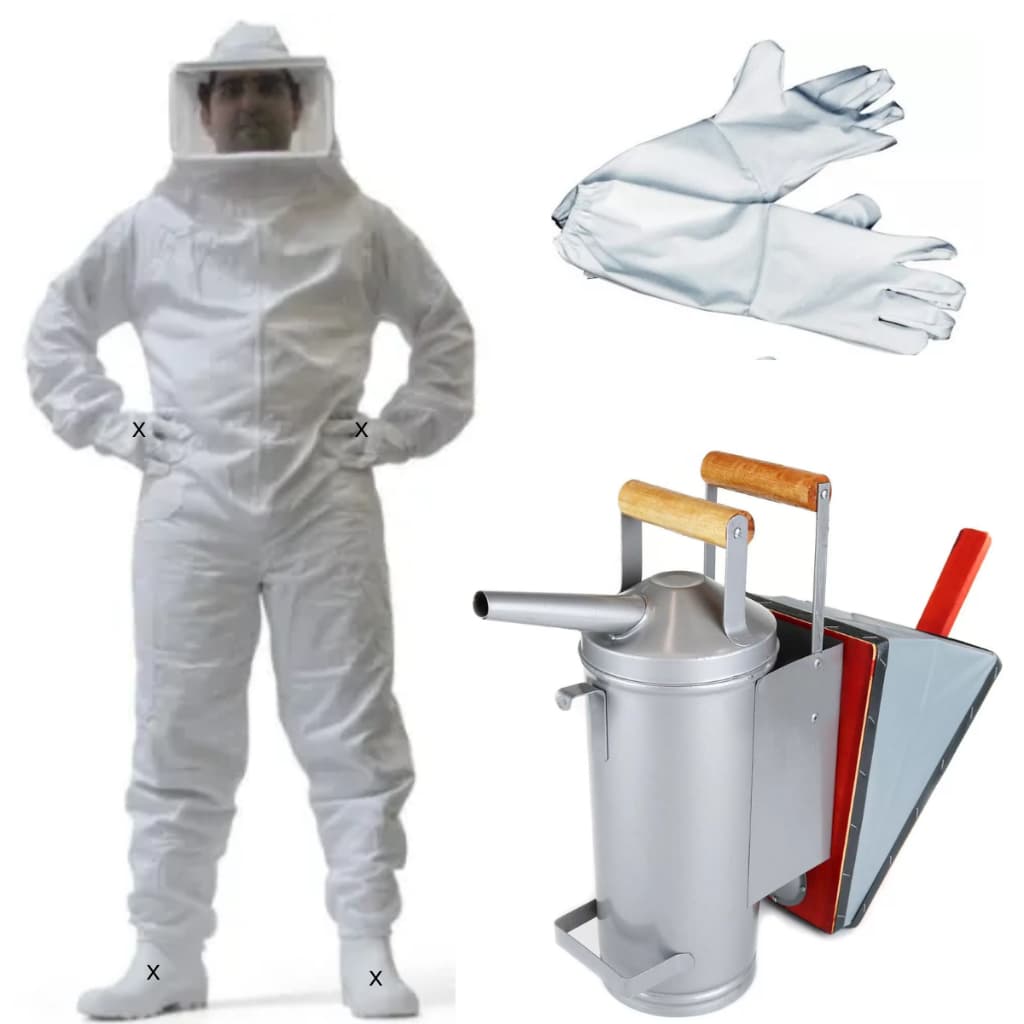 Kit Macacão Apicultor Brim, Fumigador Pintado Zatti e Luva Napa