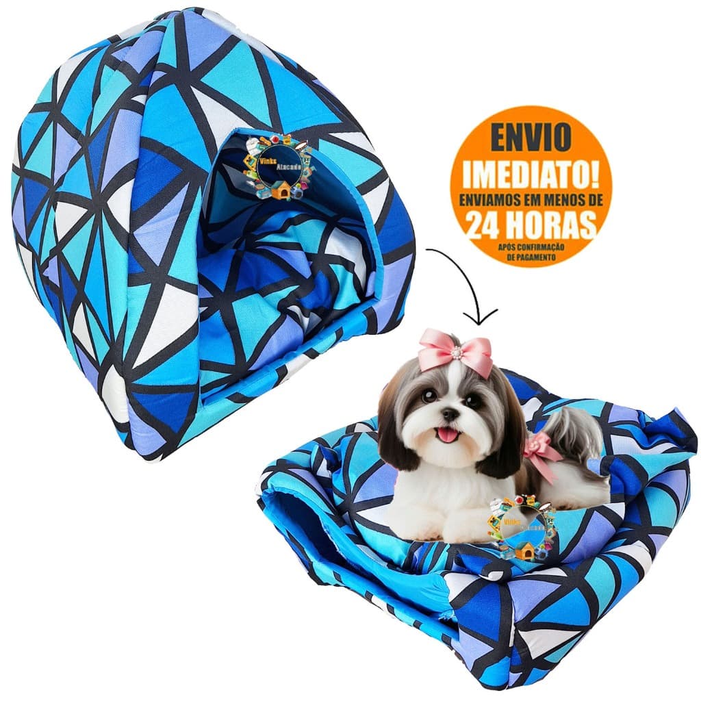 Toca Cabana Tenda Caminha 2 EM 1 Azul Xadrex Pet Pequeno Para Yorkshire Shitzu Semelhantes Cachorro Gato 50x45x50