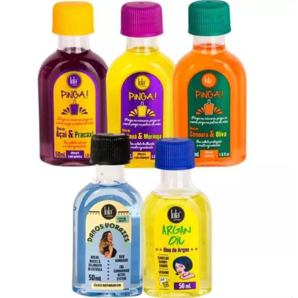 Kit 5 Óleos Lola Pinga + Danos Vorazes + Argan | Vegano / Nutrição Brilho Cabelos Ressecados