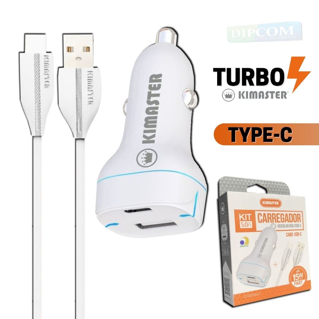 Carregador Veicular Fonte Turbo USB/TYPE-C e Cabo Type-C - Original Kimaster CV206UC