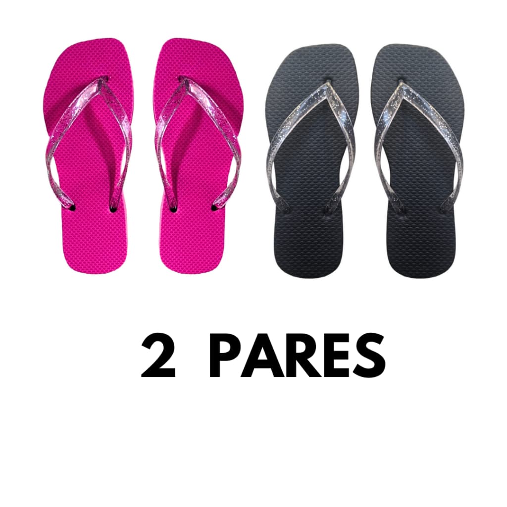 Kit 2 Chinelos Feminino Bico Quadrado de Borracha Com Tira de Glitter Transparente