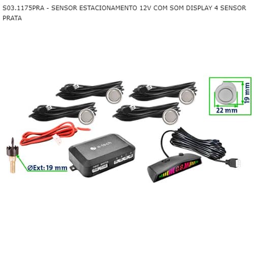 SENSOR ESTACIONAMENTO 12V COM SOM DISPLAY 4 SENSOR PRATA