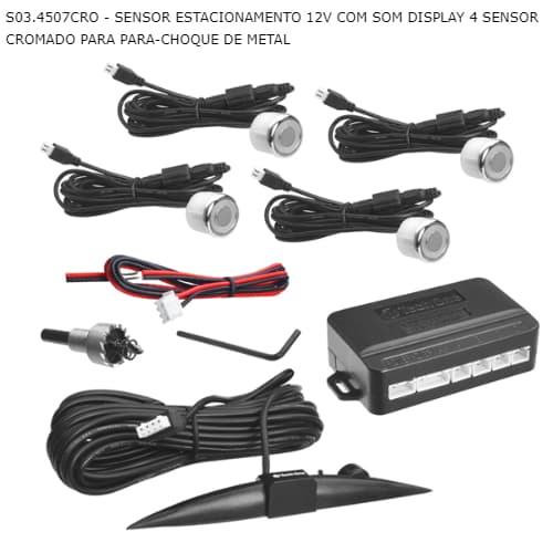 SENSOR ESTACIONAMENTO 12V COM SOM DISPLAY 4 SENSOR CROMADO PARA PARA-CHOQUE DE METAL