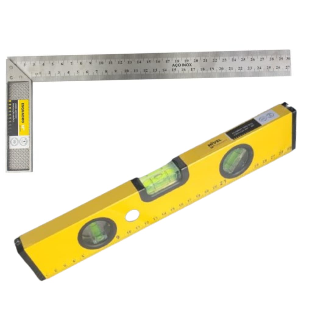 Kit Esquadro Metal 12 Polegadas 30cm Com Nível De Alumínio 3 Bolhas 12 Polegadas