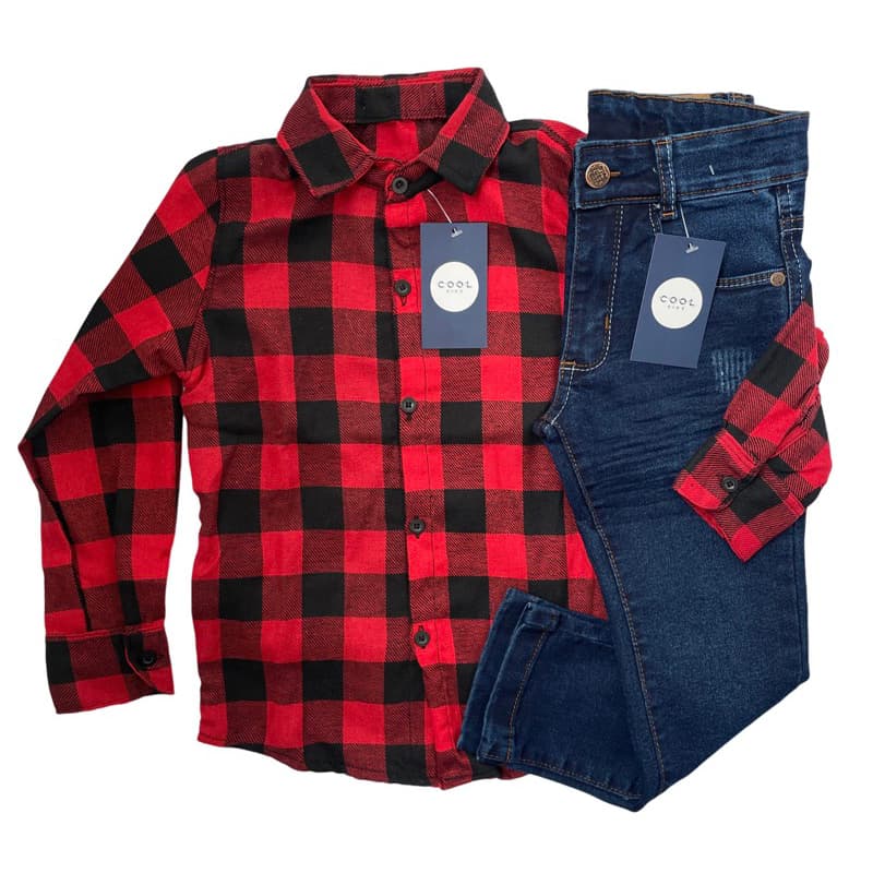 Conjunto Festa Junina Infantil Camisa Xadrez + Calça com elastano masculina