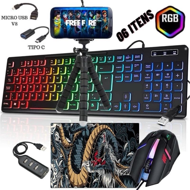Kit Mobilador Gamer Completo Teclado RGB Mouse Gamer Mouse Pad Hub USB C Tripé Celular Free Fire
