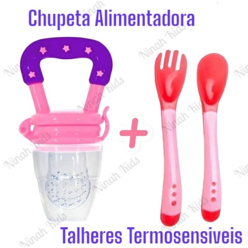 Chupeta Alimentadora + Talheres Termosensiveis Kit Introdução Alimentar Rosa Menina