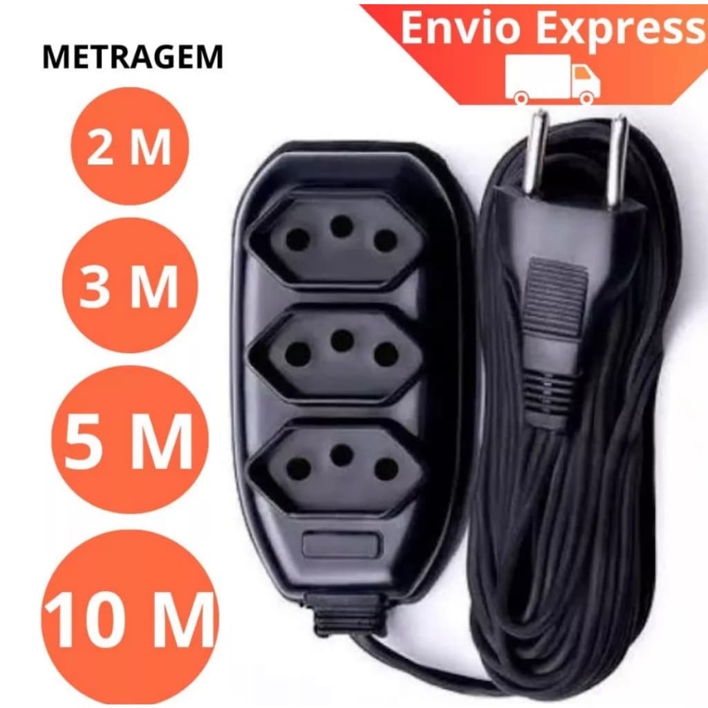 Extensão Elétrica Tripolar Bivolt 110/220 2, 3, 5 ou 10 Metros Cor Preta Qualidade interno e externo
