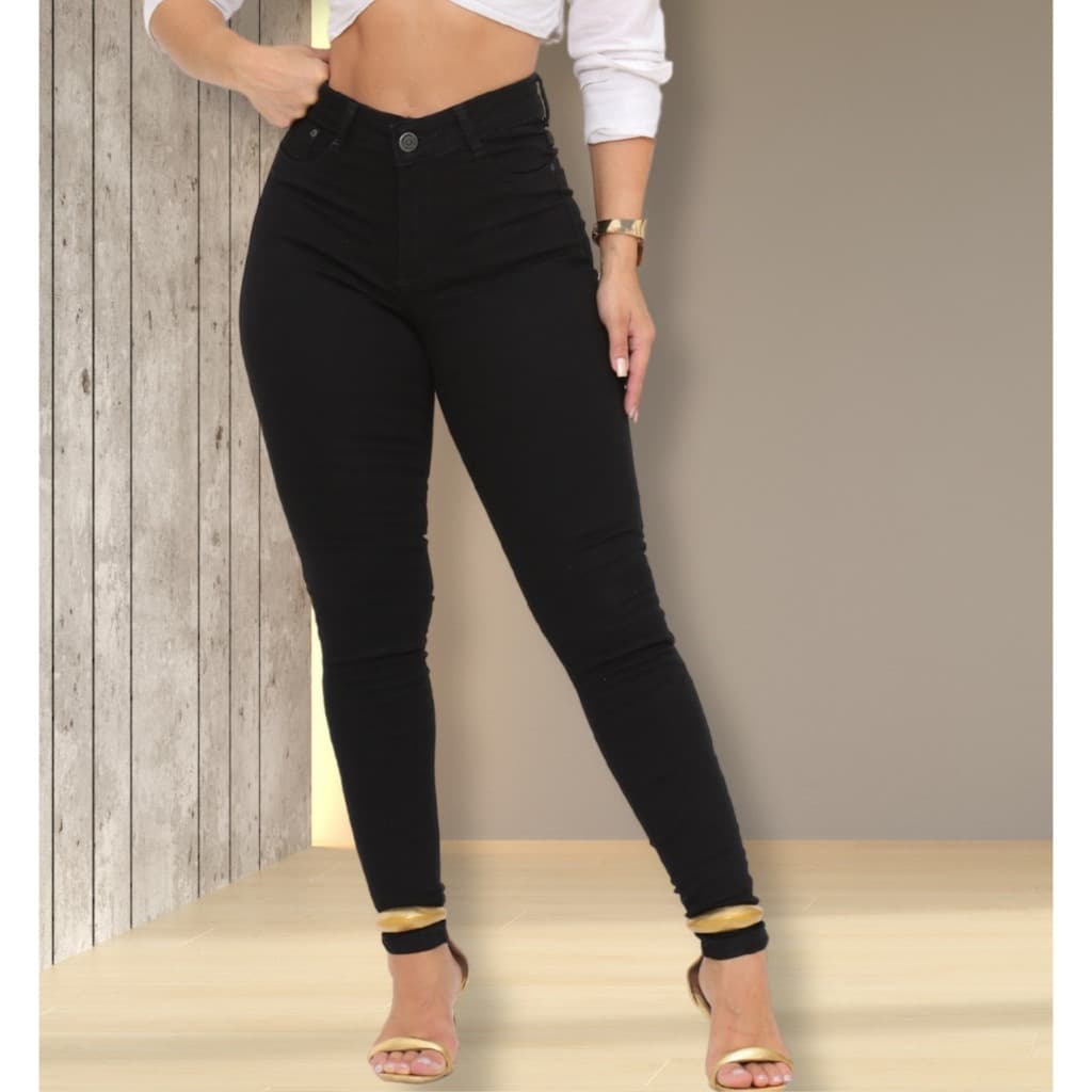 Calça Jeans Preta Skinny Com Lycra Cintura Alta Corte Do Jeans Empina Confortável Moda Feminina.