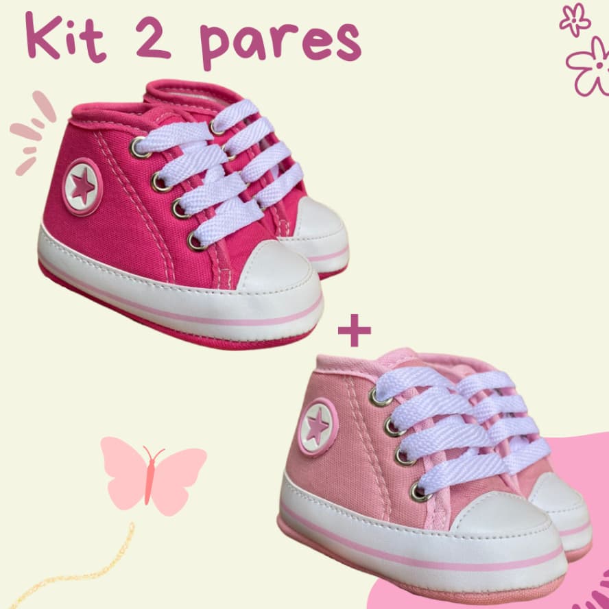 Kit 2 Pares Tênis Infantil Meninas Star Sola Macia Recém Nascido Cano Alto Leve Macio Confortável