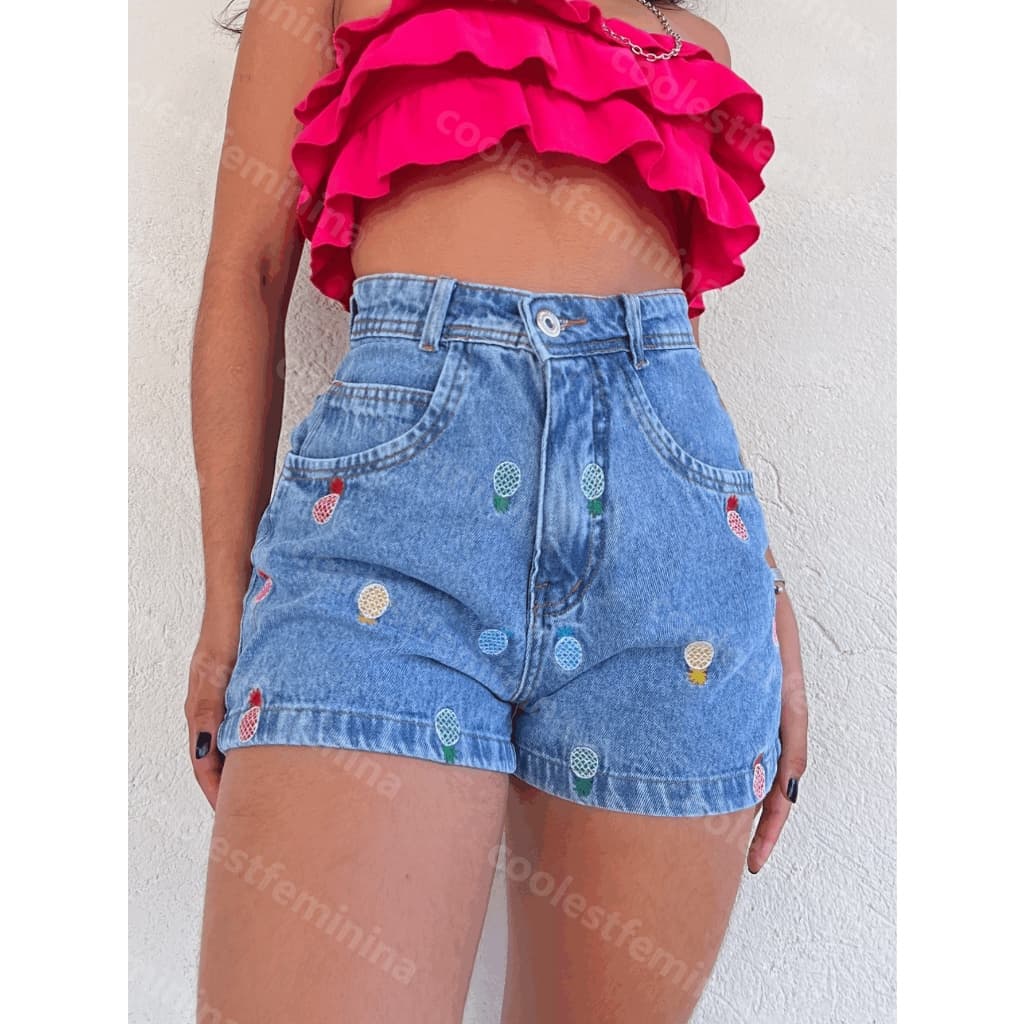 Coolestfeminina 8261 short Jeans com bordado feminina jeans casual cintuta alta Shorts jeans feminino