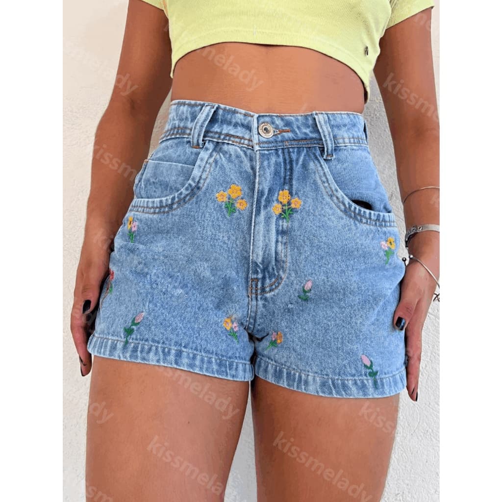 kissmelady 8260 short Jeans com bordado feminina jeans casual cintuta alta Shorts jeans feminino  juvenil natural 8260