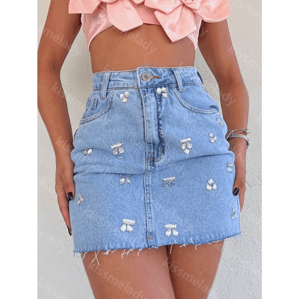 KISSMELADY 171 172 saia Jeans feminino alça poliamida saia casual  com brilho