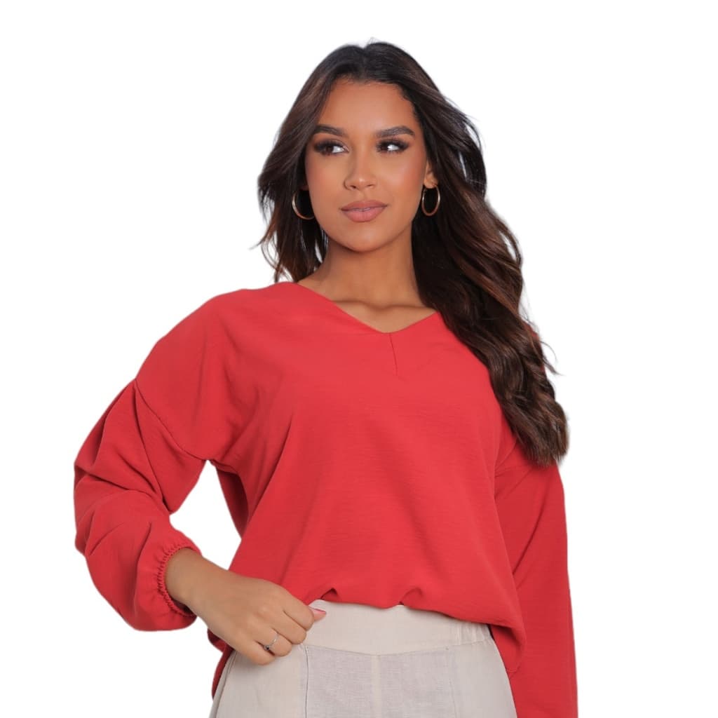 BLUSA FEMININA MANGA LONGA ,DECOTE V, EM DUNA