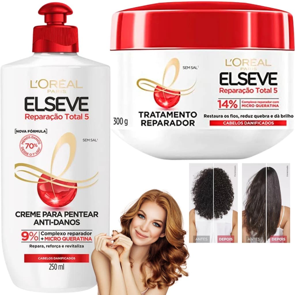 Kit Elseve Reparação Total Loreal Paris Creme Pentear Mascara Tratamento Reparador Antifrizz