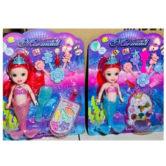 Boneca Ariel Sereia c/ Acessórios de maquiagem com Cauda Que Acende LED OK0203