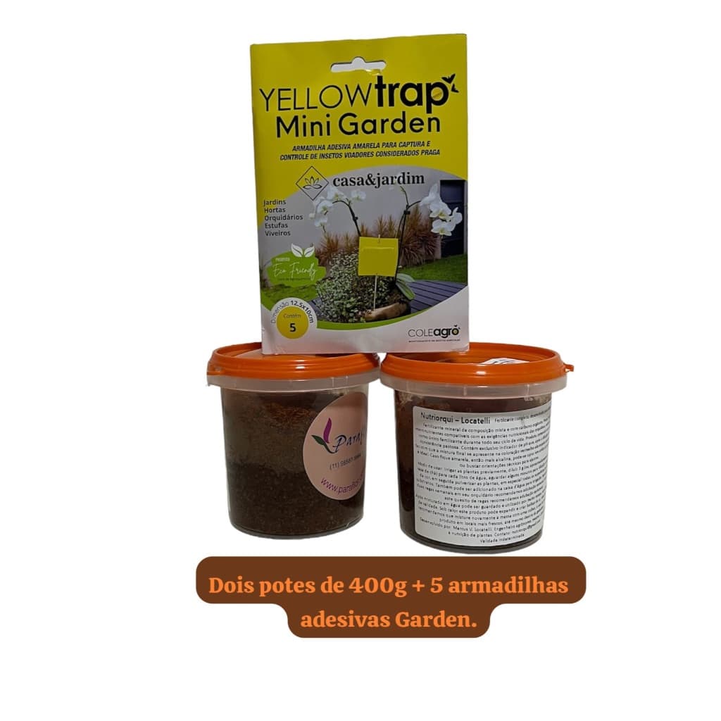 Kit Nutriorqui - 2 potes de 400g + 5 cartelas adesivas contra insetos predadores voadores.