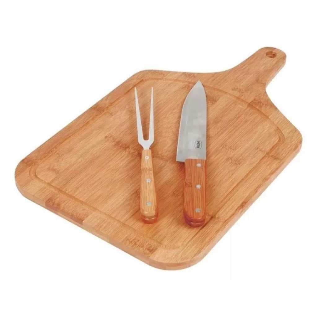 Kit Conjunto Churrasco Tabua Faca Garfo 3 Peças Bamboo Mor