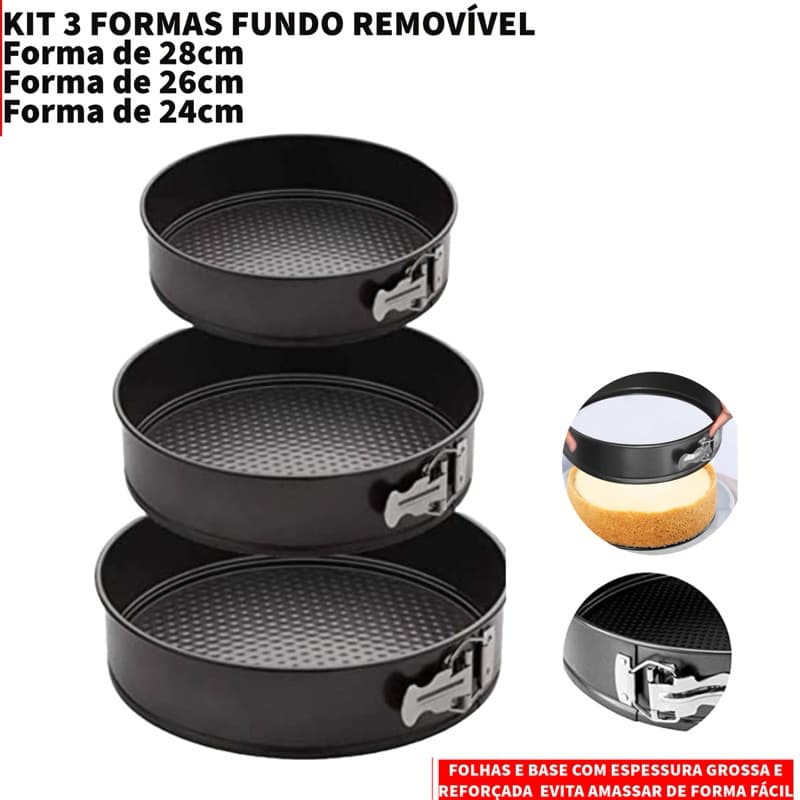 Kit 3 Formas Assadeira  Antiaderente Com Fundo Removível Bolos Tortas Condução De Calor Uniforme Top