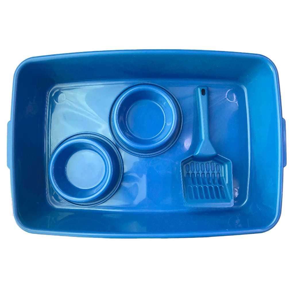 Kit Caixa de Areia | Banheira Higiênica | 4 Peças | Bandeja Sanitária | 2 Comedouros | Pá