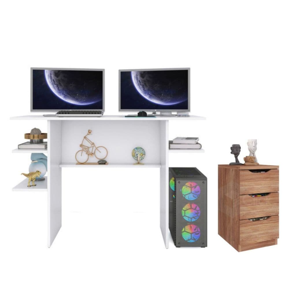 Mesa Gamer Com Prateleira + Gaveteiro Multiuso