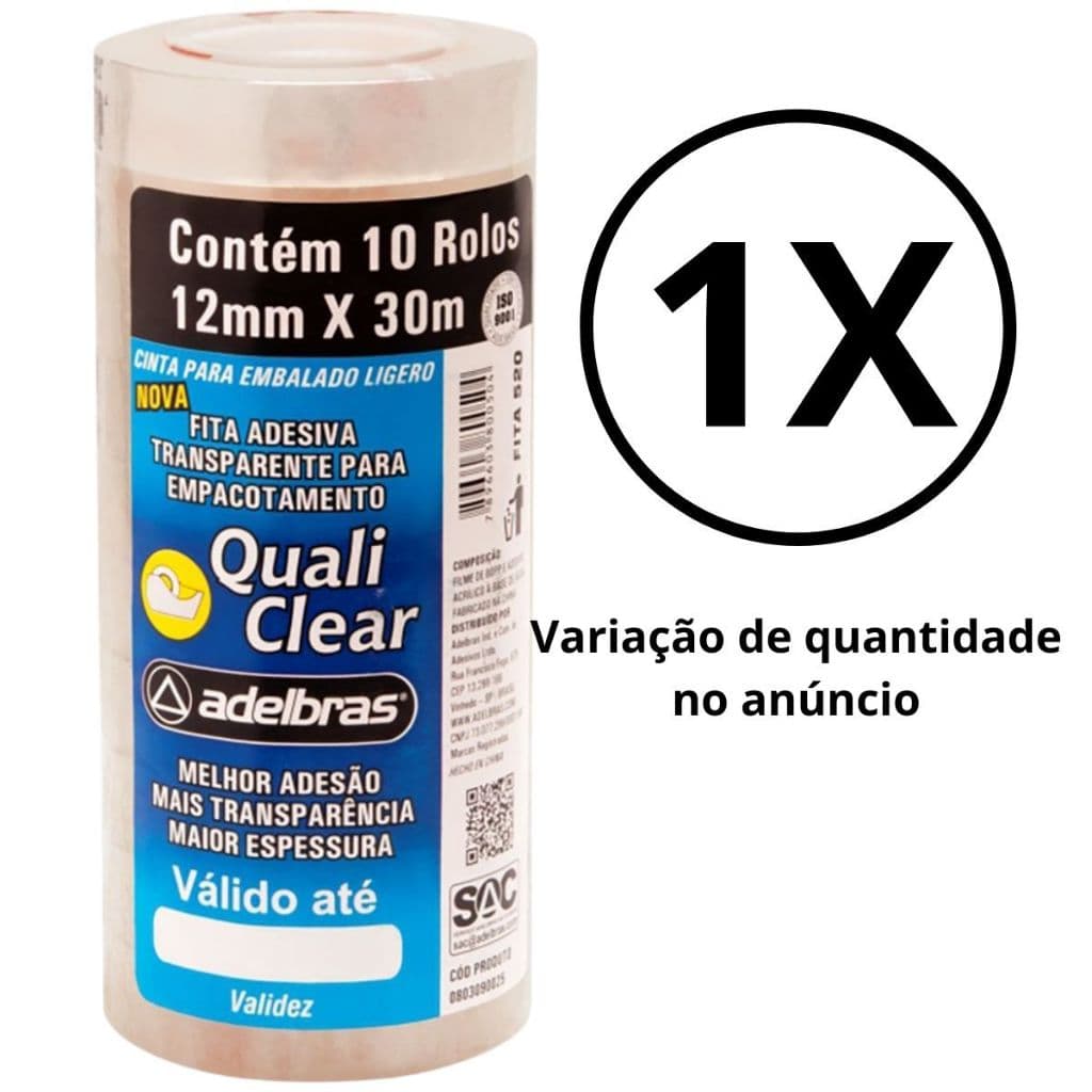 Fita adesiva Quali Clear 12mmx30m Transparente Adelbras Pacote C/ 10 Unidades