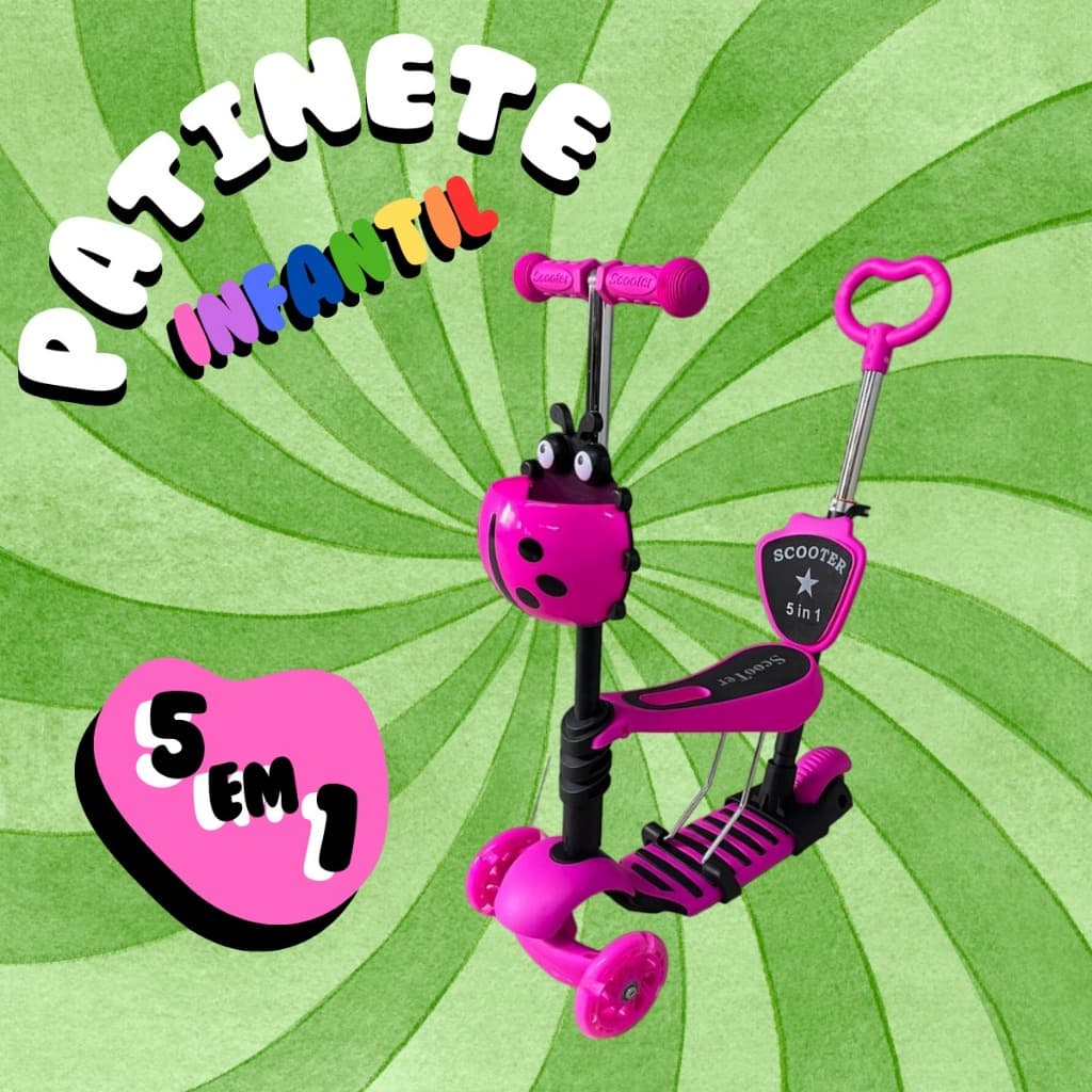 Patinete Infantil Scooter Joaninha 2 em 1 Dobrável 3 Rodas com Empurrador LED Banco Altura Ajustável