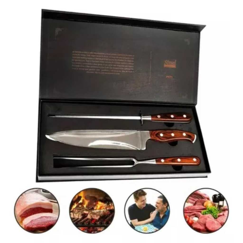 Kit Churrasco Faca 8 Garfo E Chaira Cabo Madeira Steel Mor