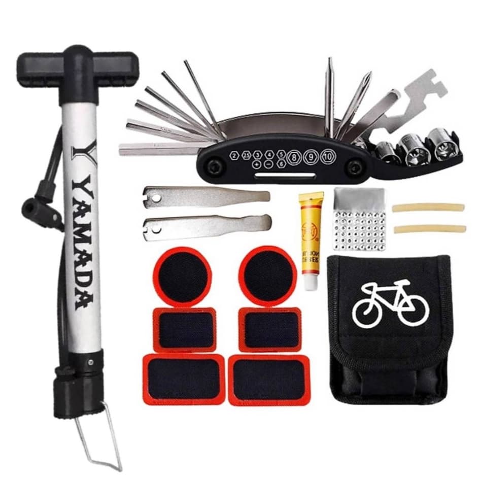 Kit Reparo Bike Manutenção Pneu Remendo + Bomba De Ar Alumínio Yamada Bicicleta