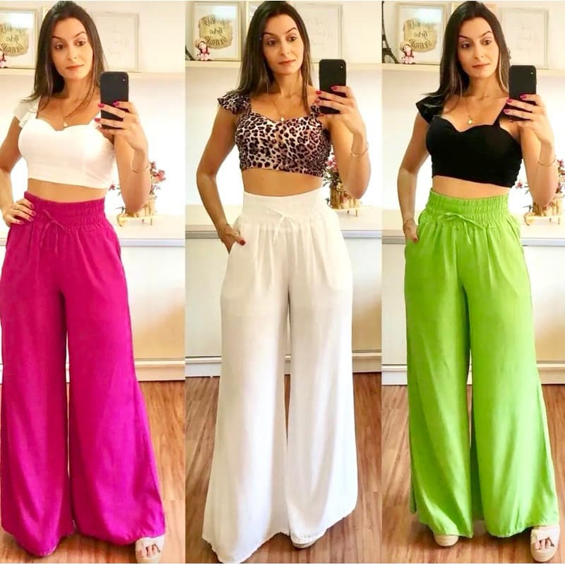 Calça Pantalona Feminina Com Bolso Cintura Alta