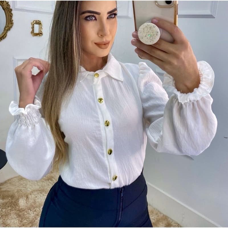 Camisa Feminina Social Com Botão Manga Estico