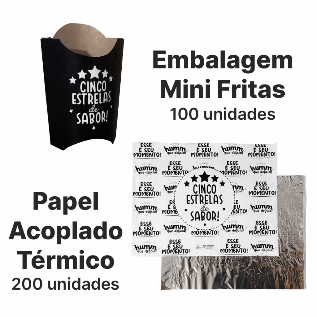 Papel Acoplado Térmico Laminado Papel Embrulho 200 Unidades + Caixa Embalagem Caixinhas Mini Batata Frita P 100 Unid