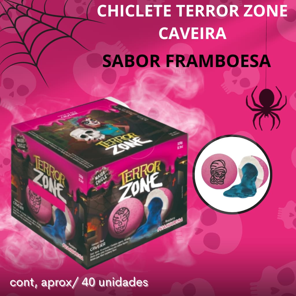 Chiclete De Caveira Terror Zone Halloween Framboesa - Goma De Mascar 40 Unidades