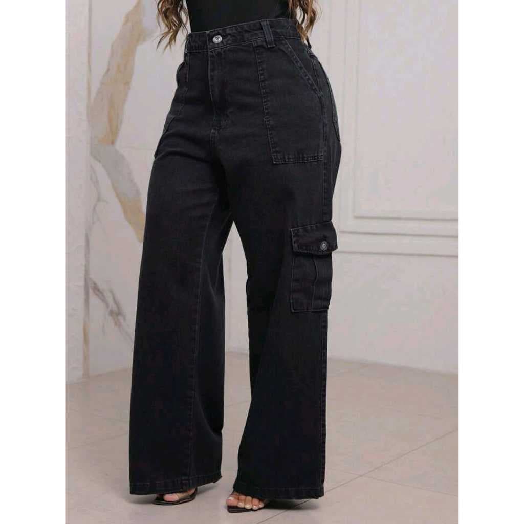 Calça Wide Leg Cargo Jeans Feminina com Bolso Lateral