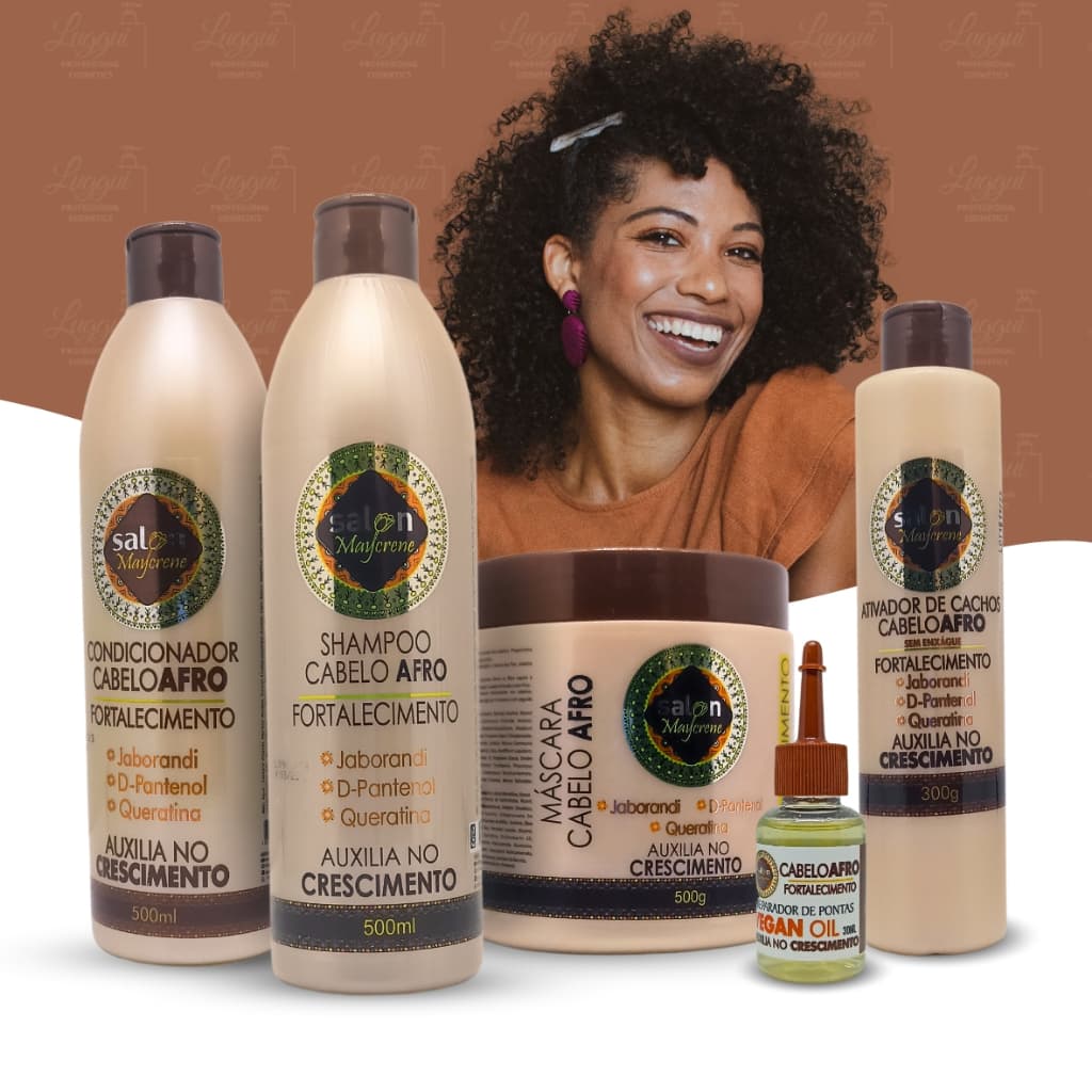 Kit Completo p/ Cabelo Afro Salon Maycrene com Ativador de Cachos + Óleo Reparador de Pontas 30ml - 5 Produtos