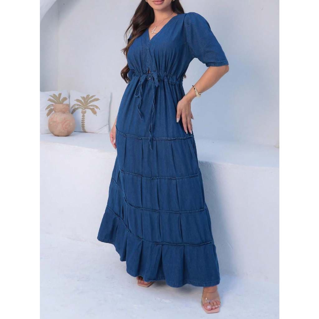 925 vestido jeans feminina longa manga bufante 925-1