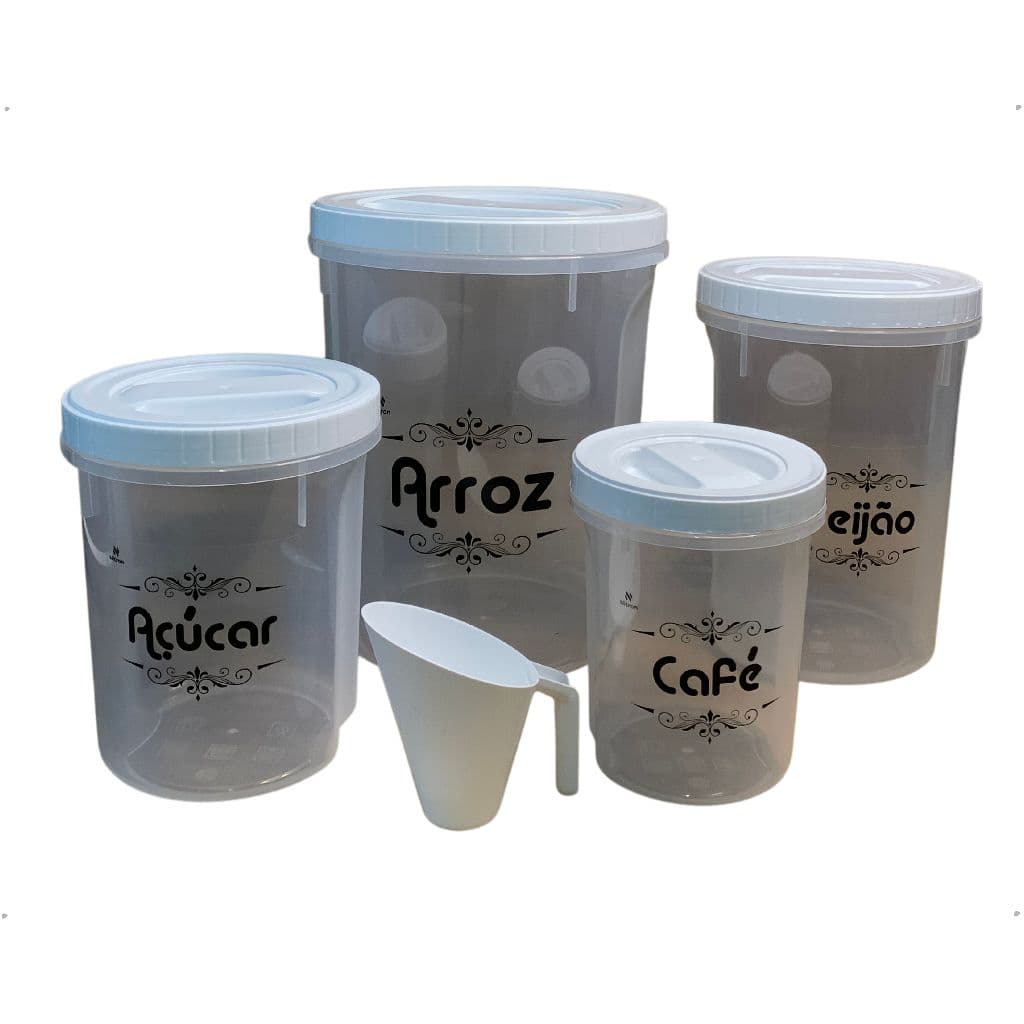 Conjunto 04 Potes Mantimentos / Alimentos de Cozinha Com Rosca E Medidor Branco